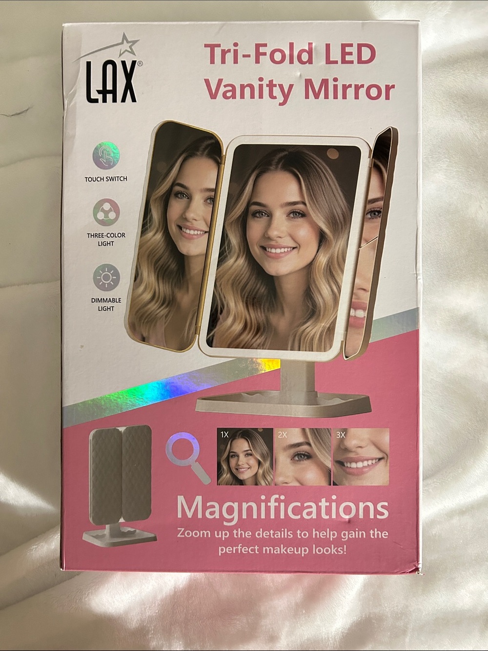 Tri-Fold LED Vanity Mirror — Pink Finish